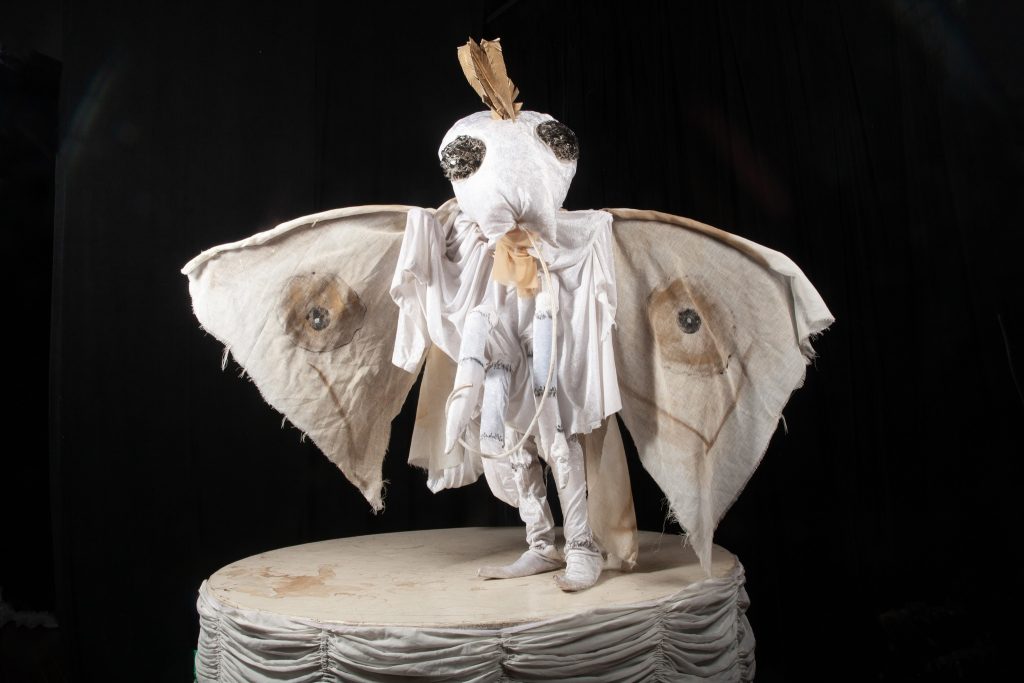 Photo of a giant moth puppet standing on hind legs on top of a white circular platform against black background. The moth is made from torn white fabric of different textures. Legs protrude from the torso. There are brown spots like irises painted onto the wings. The moths big black eyes are directed at the viewer.
