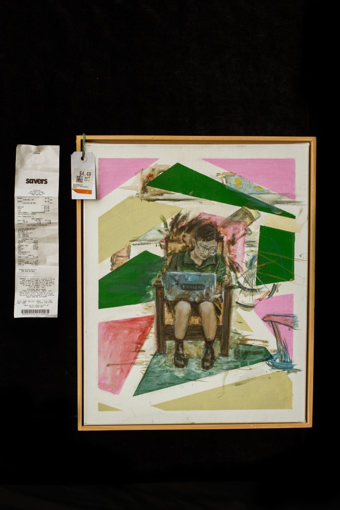 A receipt from Savers stapled next to a wood-framed canvas of Jingua Qian. Inside the frame, pink, beige and green blocks are evenly spaced over a white unprimed canvas. Over the top of these blocks, in the middle of the canvas, Jinghua is seated in a carved wooden armchair looking at their laptop. The impression of eir restless movements, like visual echoes, are messily painted next to eir head and elbows and shoulders. There are impressions of sections of objects in the background, a bike wheel, some books, a fire extinguisher. Hanging over the top left corner of the painting is a price tag for $4.49 from Savers - the original tag for the canvas.