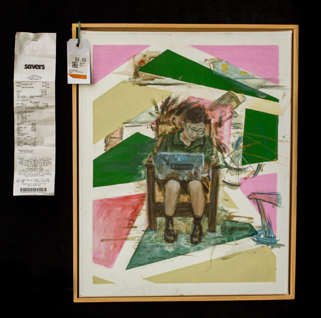 A receipt from Savers stapled next to a wood-framed canvas of Jingua Qian. Inside the frame, pink, beige and green blocks are evenly spaced over a white unprimed canvas. Over the top of these blocks, in the middle of the canvas, Jinghua is seated in a carved wooden armchair looking at their laptop. The impression of eir restless movements, like visual echoes, are messily painted next to eir head and elbows and shoulders. There are impressions of sections of objects in the background, a bike wheel, some books, a fire extinguisher. Hanging over the top left corner of the painting is a price tag for $4.49 from Savers - the original tag for the canvas.