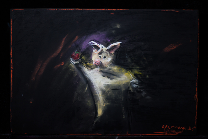 Finished pastel drawing of an upright Snuff Puppets pig puppet is holding up an apple to the light.